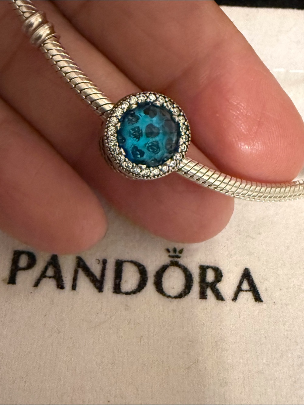 Pandora Teal Blue Glass Charm with Crystal Halo
